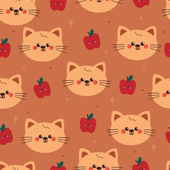 seamless pattern cute cartoon cat with red apple. cute animal pattern for wallpaper, background and gift wrap paper