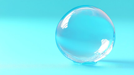 A mesmerizing translucent blue sphere, a captivating water droplet, pristine and reflective, set against a serene light blue backdrop.