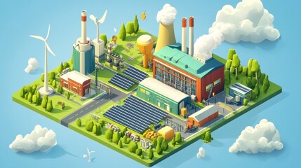 Obraz premium Isometric illustration of a sustainable industrial complex with renewable energy sources and factories.