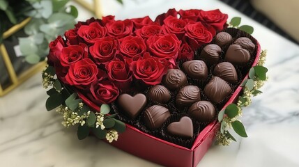 heart-shaped box of chocolates accompanied by a stunning bouquet of fresh red roses, a classic Valentine Day gift
