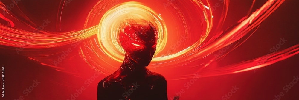 Leinwandbilder person surrounded by vibrant swirling lines and abstract shapes creating an ethereal atmosphere at n