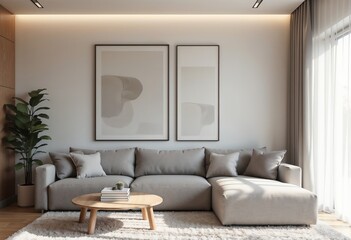 Modern Living Room with Light Gray Sofa, Abstract Art on Walls, Minimalist Decor, Large Windows with Natural Light, Wooden Table with Decorative Items, Greenery and Cozy Atmosphere.