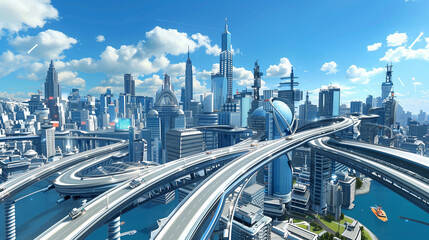 Fototapeta premium Expansive futuristic city with elevated highways, waterways, and modern skyscrapers under a bright sky