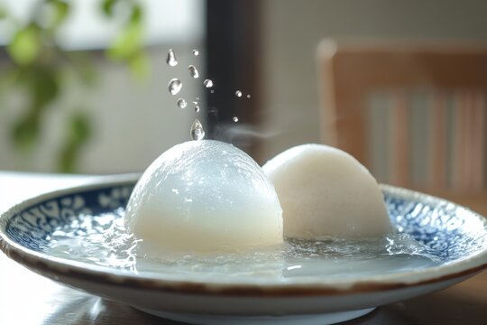 Japanese mochi cake with raindrop water