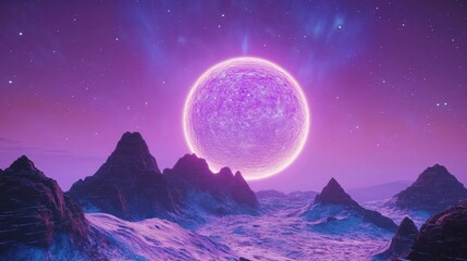 A mysterious, glowing purple planet surrounded by auroras, high above ancient stone peaks under a serene, star-filled sky.