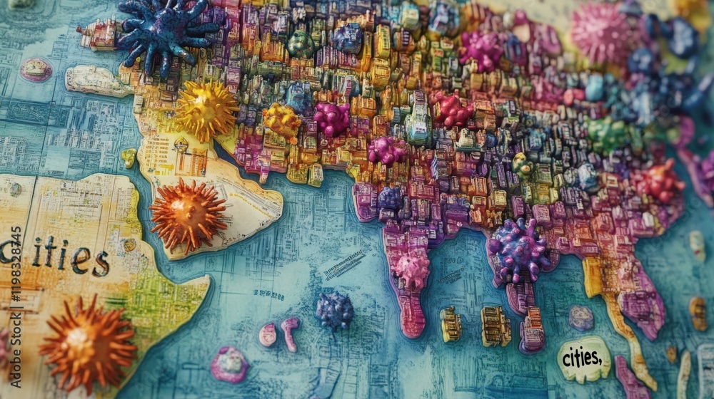 Poster bacteria colonies depicted as colorful cities on a playful map showcasing imaginative representation