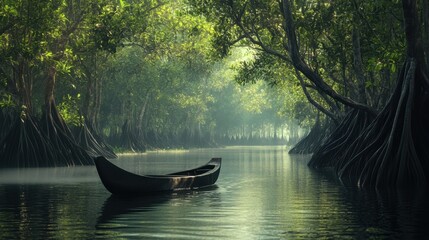 A quiet mangrove area with a canoe gliding through the waterways, surrounded by towering roots and a tranquil atmosphere.