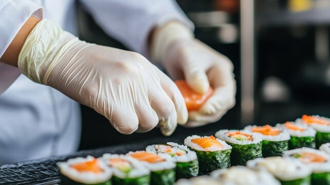 A chef in gloves prepares sushi rolls, showcasing fresh ingredients and meticulous craftsmanship in a culinary setting.