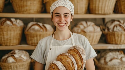 A cheerful baker holds fresh bread in a warm, inviting bakery filled with baskets of loaves, showcasing artisanal craftsmanship and a passion for baking.