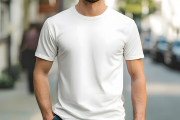 Blank White T-Shirt Mockup: A clean and crisp mockup of a white t-shirt worn by a man, offering a blank canvas for branding and design ideas.