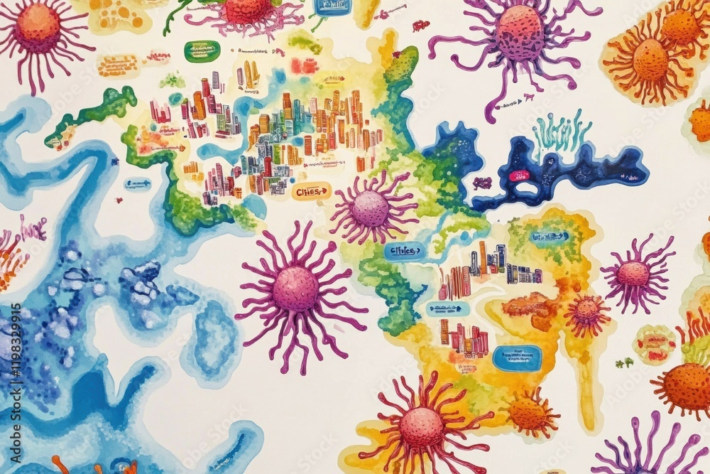 Poster playful map features colorful bacteria colonies represented as vibrant cities in a whimsical layout.