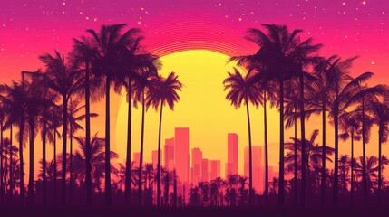 Fototapeta premium Vibrant Sunset Over City and Palm Trees