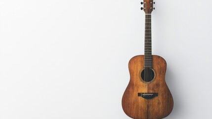 Obraz premium An acoustic guitar with a wooden finish placed upright on a clean white background.