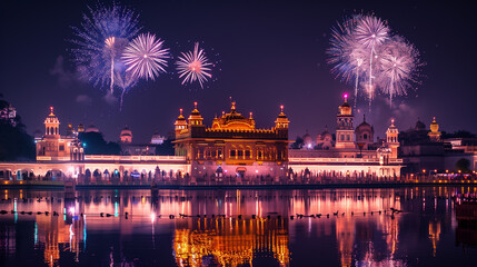 Fototapeta premium Vibrant night scene of a golden temple reflecting on the water with fireworks illuminating the sky