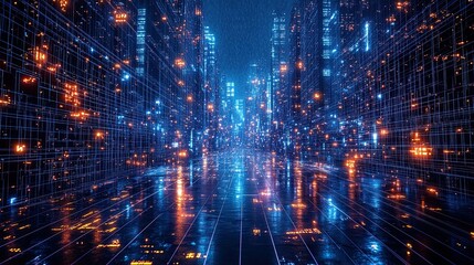 Obraz premium Futuristic city, digital rain, glowing streets, data flow, tech background, concept art