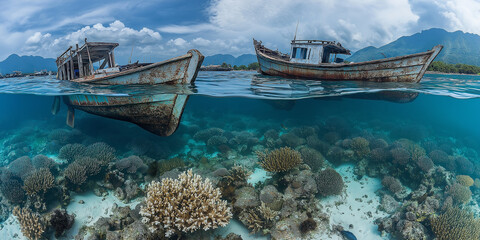 Obraz premium A destroyed coral reef, where bleached and dying marine life floats in the polluted waters, surrounded by empty fishing boats and the remains of once-thriving sea ecosystems