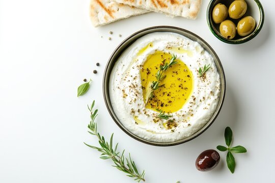 Labneh with olive oil zaatar olives veggies and pita on a white backdrop ideal for a traditional Middle Eastern breakfast