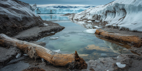 A melting glacier in the Arctic, exposing ancient, fossilized trees. The water has turned a sickly green as toxic runoff mixes with the ocean. The sky is dark, reflecting the severe environmental chan
