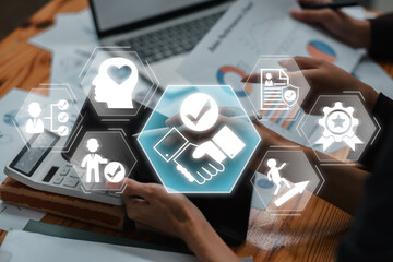 Digital icons symbolize trust, partnership, and success in a business environment, highlighting key...