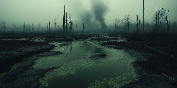 A toxic wasteland in the aftermath of an ecological disaster, where rivers run green with chemicals, strange mutated plants grow in the polluted soil, and the sky is permanently overcast with smoke 