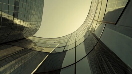 Obraz premium Low-angle view of modern glass architecture, curved facade reflecting sky.