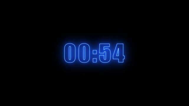 glowing neon one Minute Digital Negative Countdown. one Minute Digital Timer. black backgraound 4k video. 60 Seconds interference countdown numbers