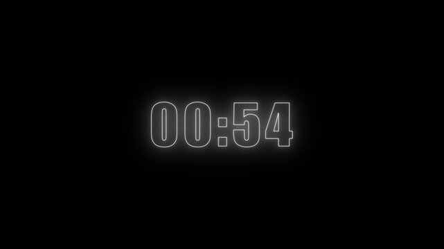glowing neon one Minute Digital Negative Countdown. one Minute Digital Timer. black backgraound 4k video. 60 Seconds interference countdown numbers