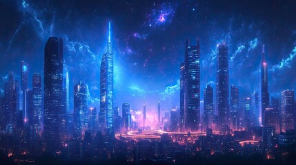 Futuristic city skyline, neon lights, cosmic background, artwork