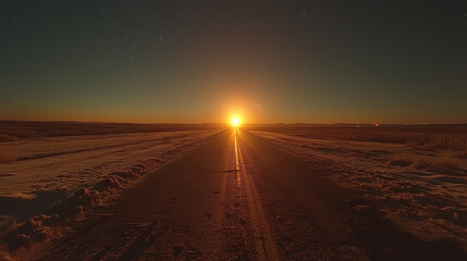 Fototapeta premium Sunset over Snowy Plain, Long Road Ahead
