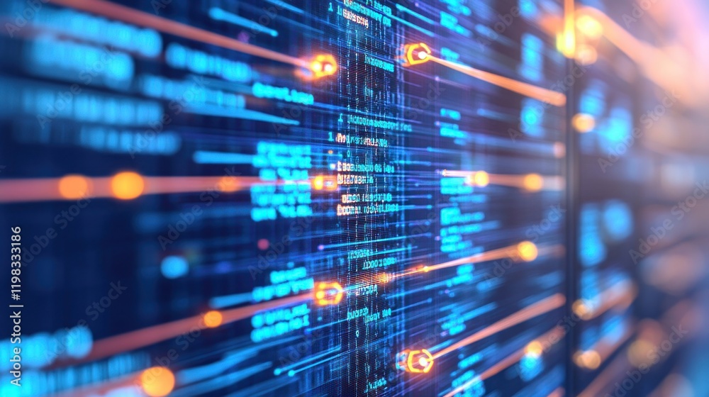 Poster abstract digital data stream: cybernetic flow of information and code