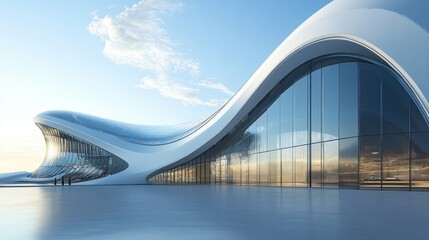 Fototapeta premium Modern architectural design, flowing curves, glass facade, sunrise.