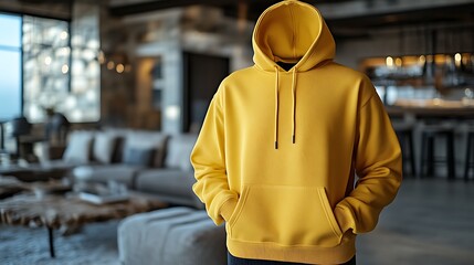Fototapeta premium Yellow hoodie on mannequin in modern living room.