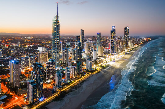 City skyline at twilight, aerial view, Surfers Paradise, Gold Coast, Australia