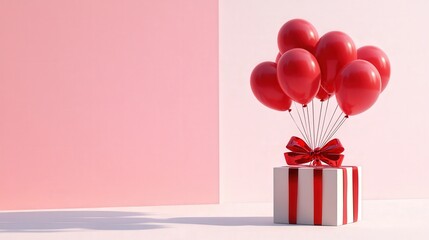 modern artwork featuring a gift box tied with bold red balloons, placed against a minimalistic pink and white background for Valentine's Day