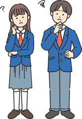 制服を着た男子学生と女子学生が困っている全身イラスト