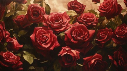 painting of a bouquet of roses in rich, deep red tones, symbolizing love, romance, and devotion for Valentine's Day.