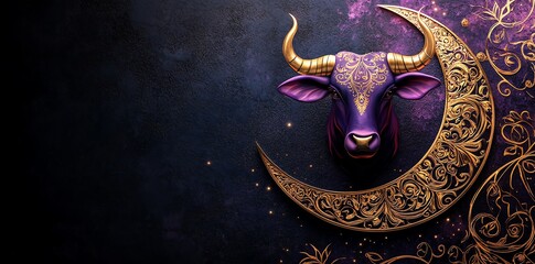 Majestic Purple Bull Head Adorned with Golden Crescent Moon