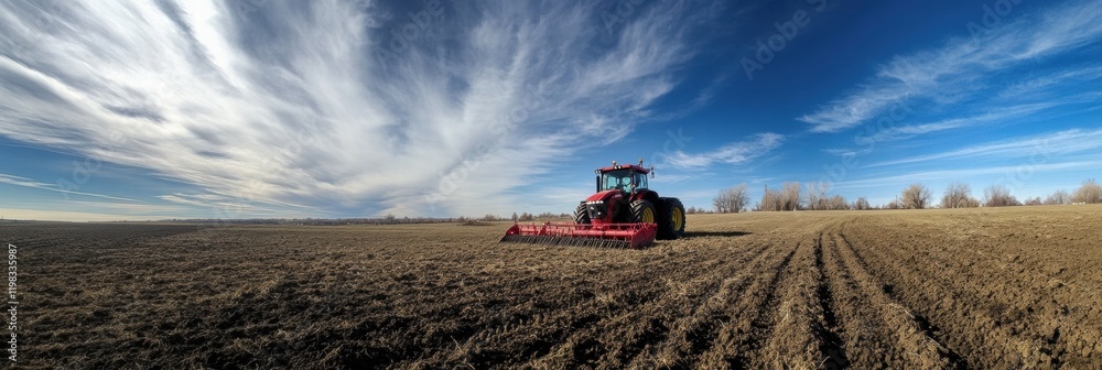 Poster red tractor working on a plowed field under a clear sky with scattered clouds during a sunny day. ge