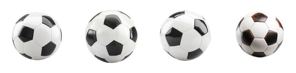 Four high resolution soccer balls classic design isolated on transparent background