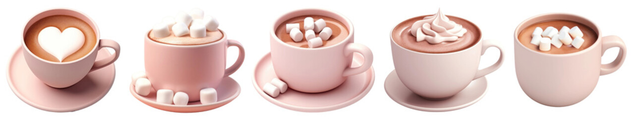 PNG Cozy pink mugs with marshmallows, isolated element set, transparent background