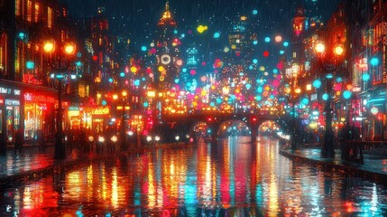 Fototapeta premium Rainy Night in a City with Colorful Lights and Reflections