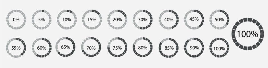 Grey circle 100 percent filling. Round pie chart template. Circular section graph. Diagram structure divided into pieces. Schemes with sectors. Piechart with segments and slices. Vector illustration