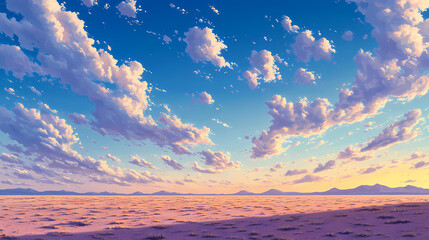 Vast expanse of blue sky with puffy spindrift clouds at dusk, vast, sky. sundrift. illustration. Sundrift. Illustration