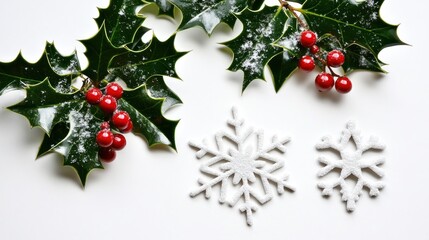 Snowy Holly and Snowflakes: A Festive Winter Scene