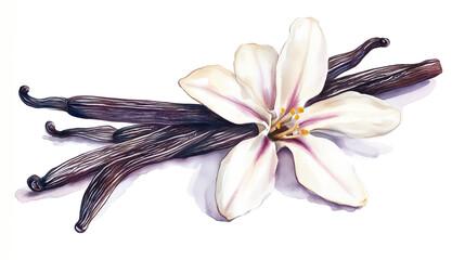 Naklejka premium watercolor illustration of one single vanilla orchid flower and stick pods on white background 