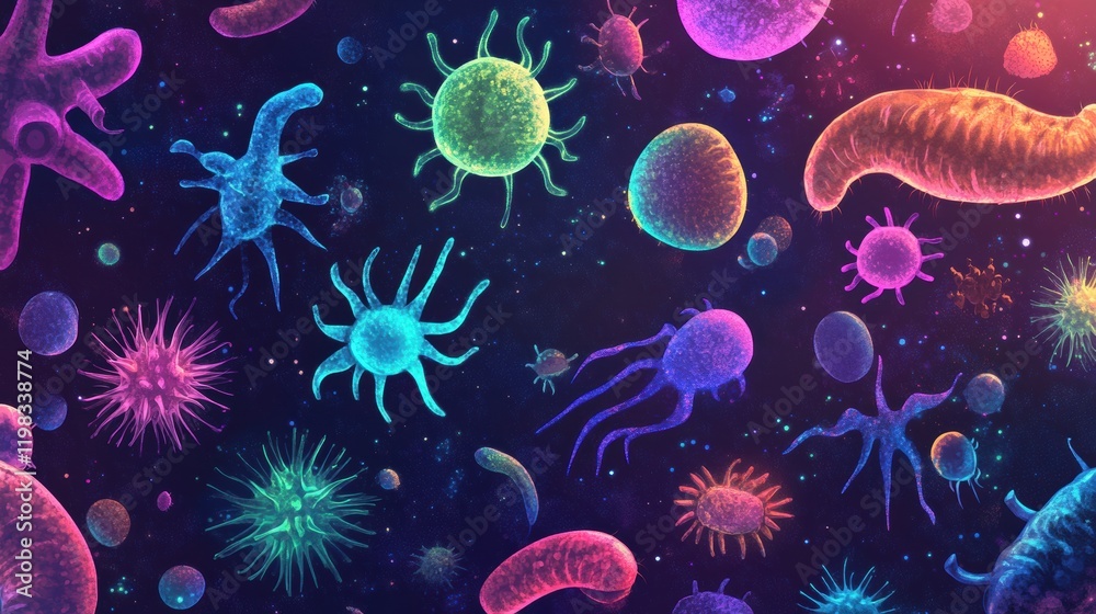 Poster vibrant array of bacteria and microbes in a colorful representation showcasing diverse life forms. g