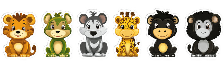 Cute cartoon animals in sticker set featuring lion, tiger, monkey, leopard, and more. Perfect for children decor or educational materials