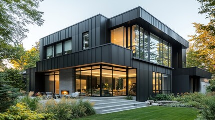 Obraz premium Modern black house with large windows, patio, and landscaping.