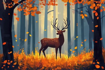 Observing a big stag in a forest during autumn