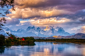 Chile, Torres del Paine National Park. Landscape with lake and Cerro Paine Grande mountains.
